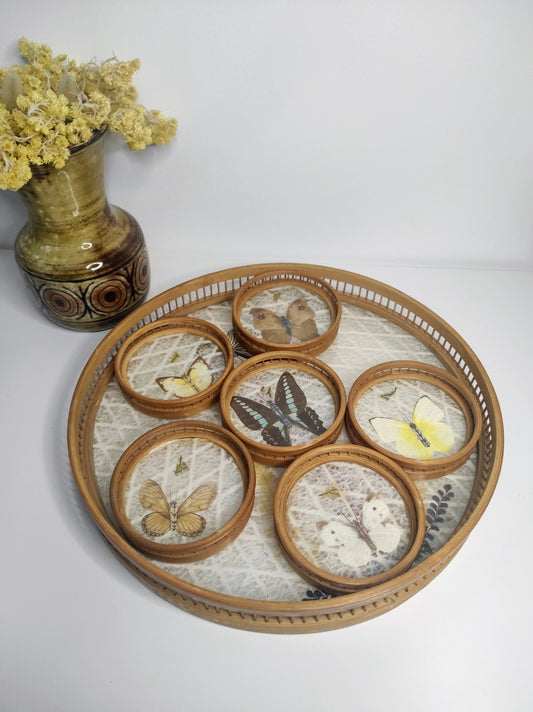 Un apéritif de prévu… Faites voyager vos convives avec ce set apéritif en rotin des années 70 composé de 6 dessous de verres papillons et leur plateau. Les sous-verres ainsi que le plateau sont en bois et composés de véritables ailes de différents papillons (corps en papier). En très bon état. Service vintage