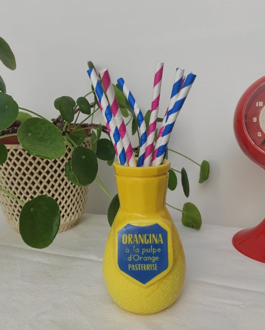 Ancien porte pailles publicitaire de bistro des années 60, années 50, Orangina, décoration vintage, cuisine, bar, enfance, publicité vintage, pate de verre, opalex jaune et bleu