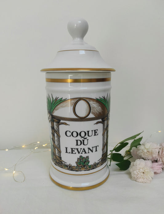 Ancien pot à pharmacie Coque du Levant Au pot de Galien - Exclusivité Limoges France. vert doré, pharmacie, herboristerie, vintage, herboriste, coton, décoration, salle de bain