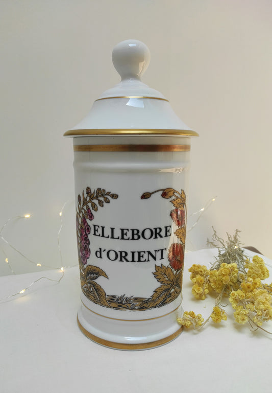 Ancien pot à pharmacie Ellebore d'Orient Au pot de Galien - Exclusivité Limoges France. vert doré, pharmacie, herboristerie, vintage, herboriste, coton, décoration, salle de bain, hellébore, fleurs