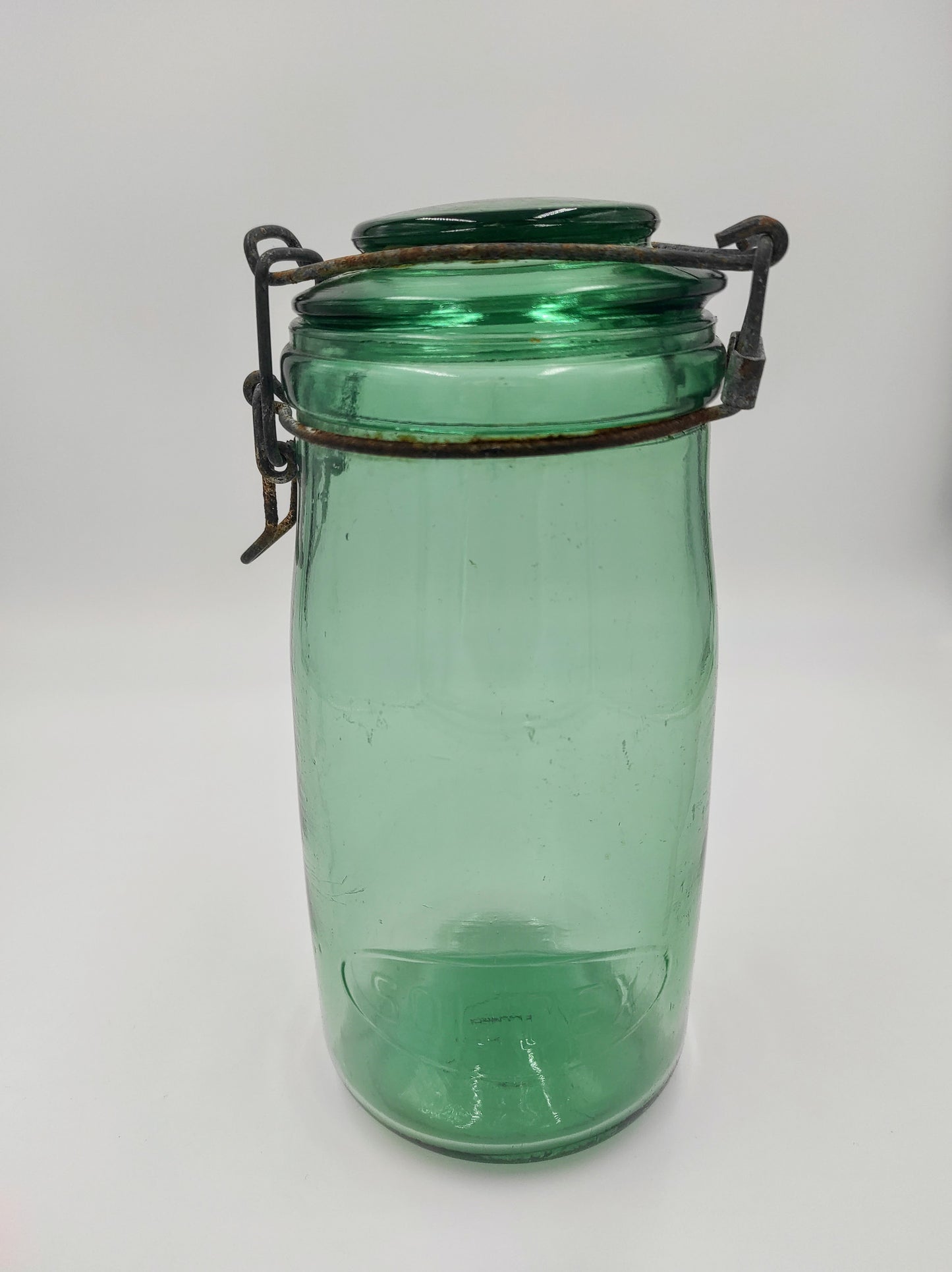 Ancien bocal en verre vert SOLIDEX