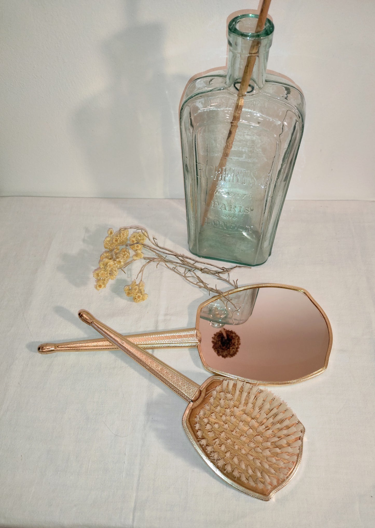 Ancien set à main miroir et brosse à cheveux
