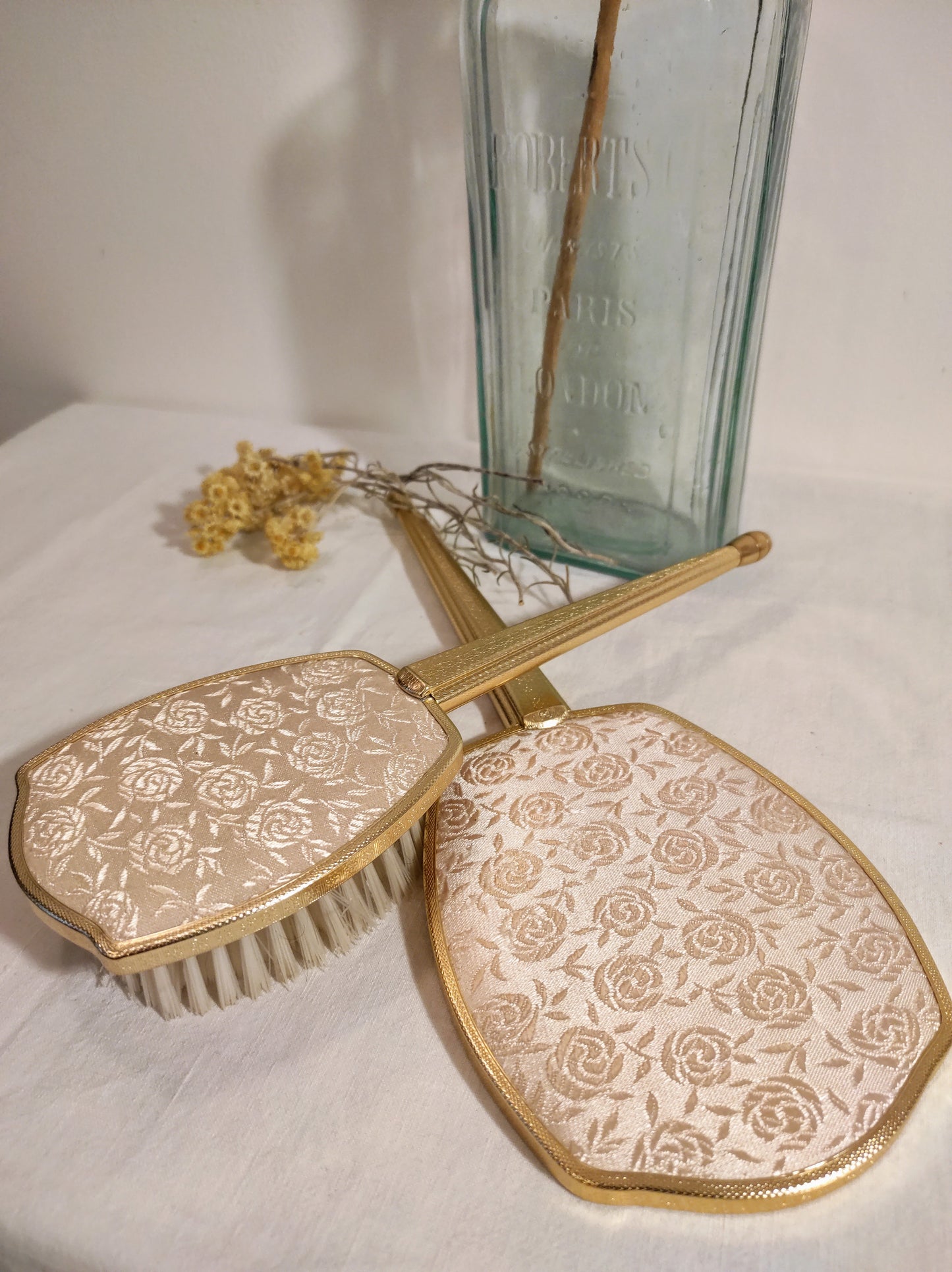 Ancien set à main miroir et brosse à cheveux