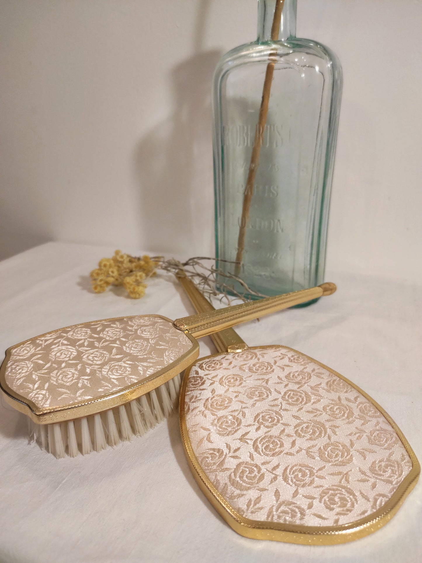 Ancien set à main miroir et brosse à cheveux