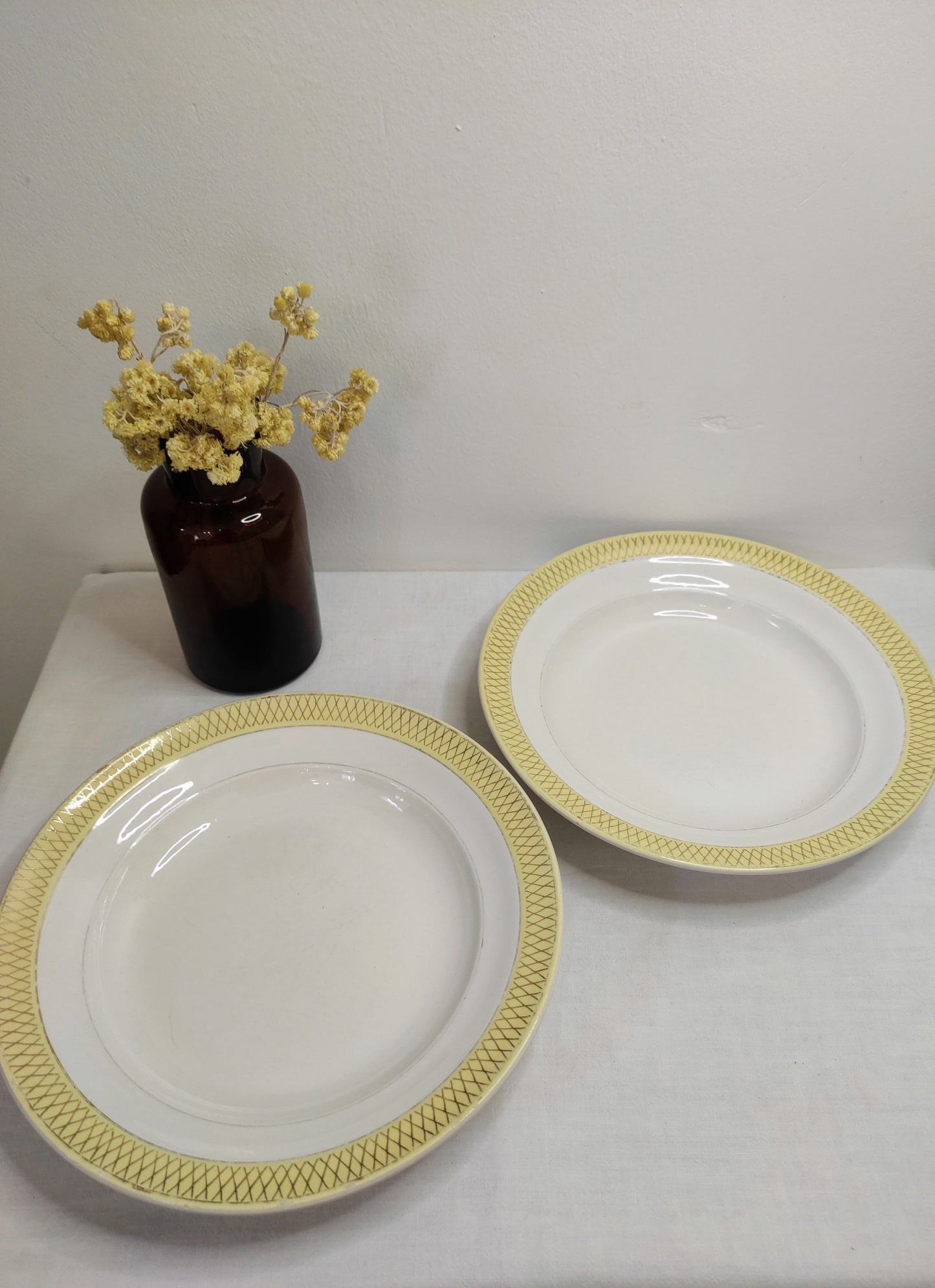 Set de 2 anciennes assiettes creuses en céramique Ceranord St Amand. Ce joli set de 2 assiettes creuses en céramique Ceranord St Amand semi vitrifié modèle Monaco de couleur jaune soleil et aux motifs art déco dorés aiguillera vos soupes cet hiver ! vinatge Made in France.