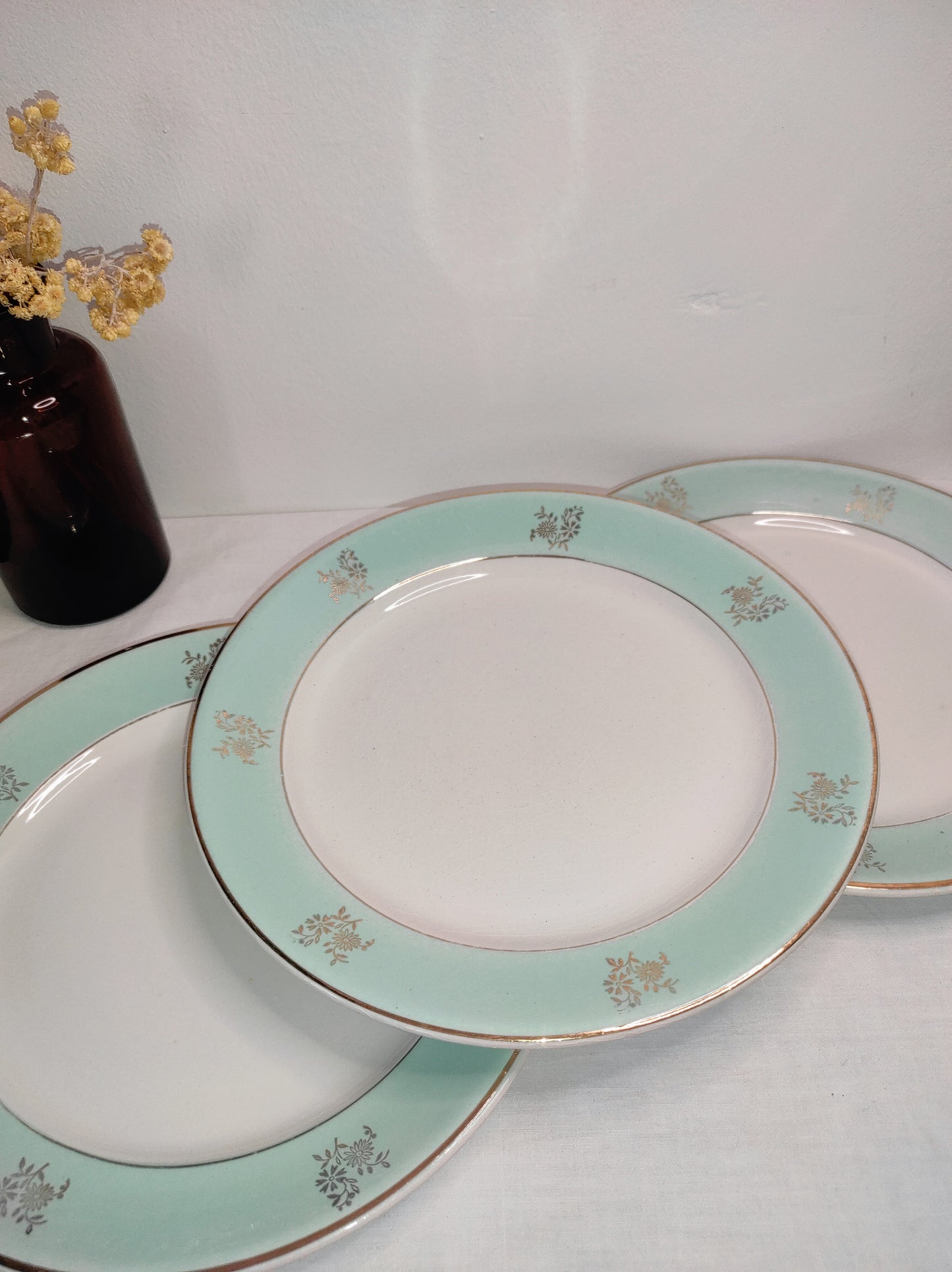 Set de 3 anciennes assiettes plates en demi porcelaine LUNEVILLE KG. Ce joli set de 5 assiettes plates en demi porcelaine Lunéville KG modèle Vendôme de couleur bleu céladon et aux motifs fleuris dorés ajoutera une touche bohême à votre table! Made in France. Assiettes vintage