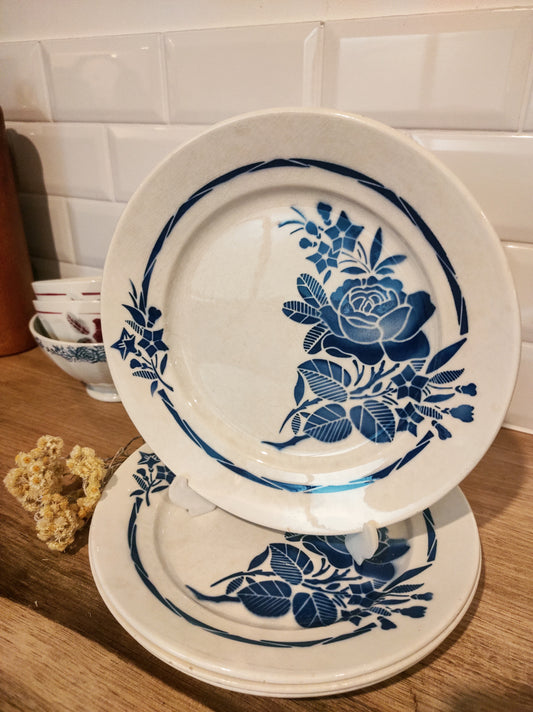 Set de 4 assiettes plates anciennes de BADONVILLIER motif floral. En bel état et au motif de roses bleues, la couleur est encore vive et le vernis bien brillant. Dans l’esprit Art déco, elles auront un plus bel effet associées à des couverts et des verres plus contemporains ou sur table au service dépareillé ! Assiettes vintage