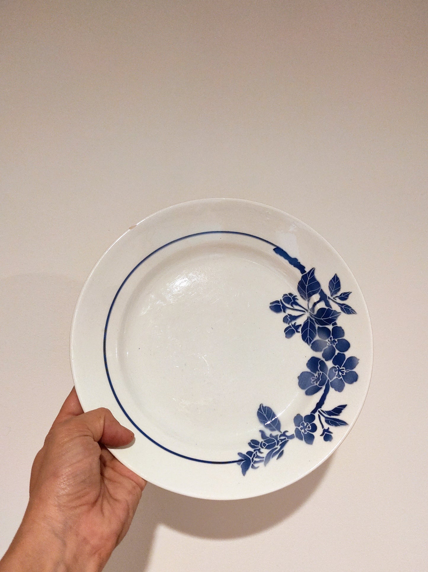 Set de 2 anciennes assiettes plates en faïence P.B ROCHECHOUART. Ce joli set de 2 assiettes plates en faïence de P.B Rochechouart modèle Opéra au motif de fleurs bleues donnera un esprit bohême à votre table et elles auront encore un bel effet associées à des couverts plus contemporains ou des verres dépareillés ! Made in France. Assiettes vinage