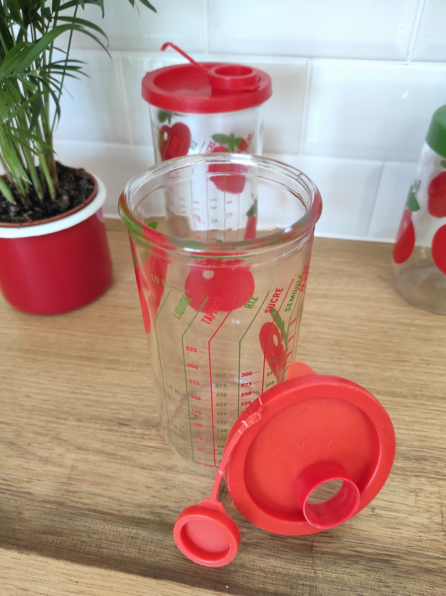Pot/bocal de conservation Henkel Vintage verre mesureur motif pomme