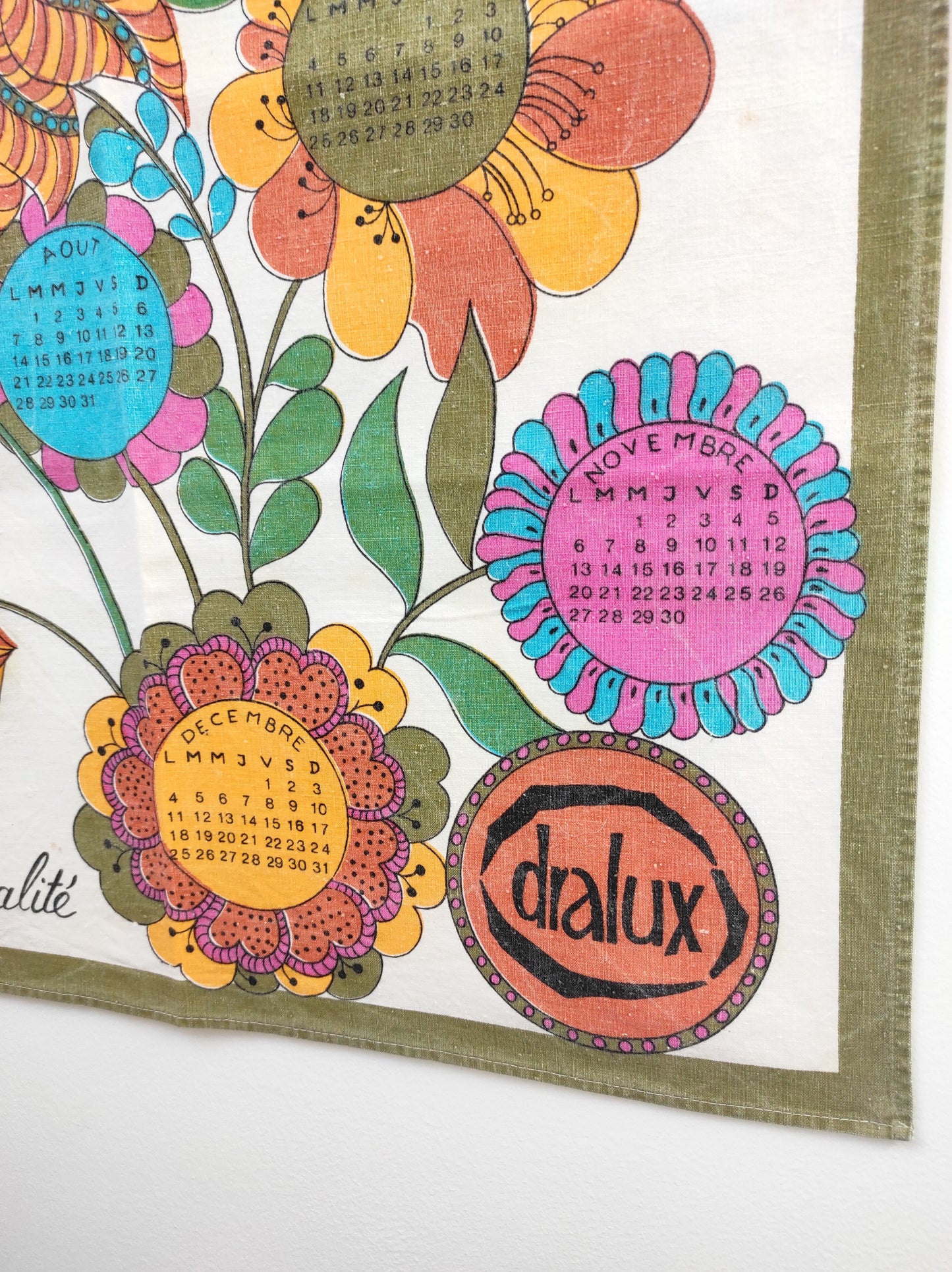 Torchon calendrier vintage 1972 DRALUX. Mettez une touche vintage dans votre cuisine avec cet ancien torchon calendrier de 1972 Dralux "le blanc de qualité". A noter : quelques taches (voir photo), quelques traces du temps mais a encore de belles couleurs.