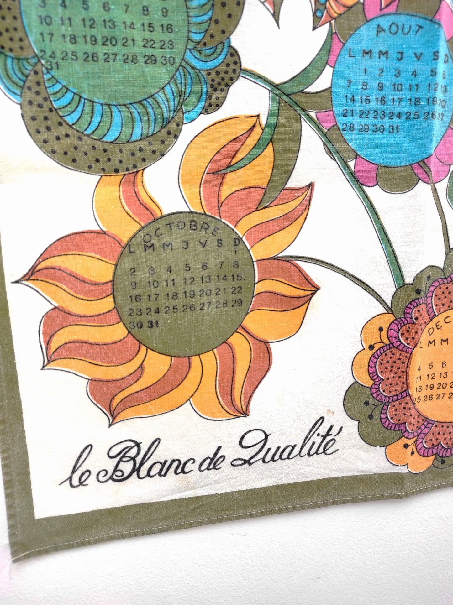 Torchon calendrier vintage 1972 DRALUX. Mettez une touche vintage dans votre cuisine avec cet ancien torchon calendrier de 1972 Dralux "le blanc de qualité". A noter : quelques taches (voir photo), quelques traces du temps mais a encore de belles couleurs.