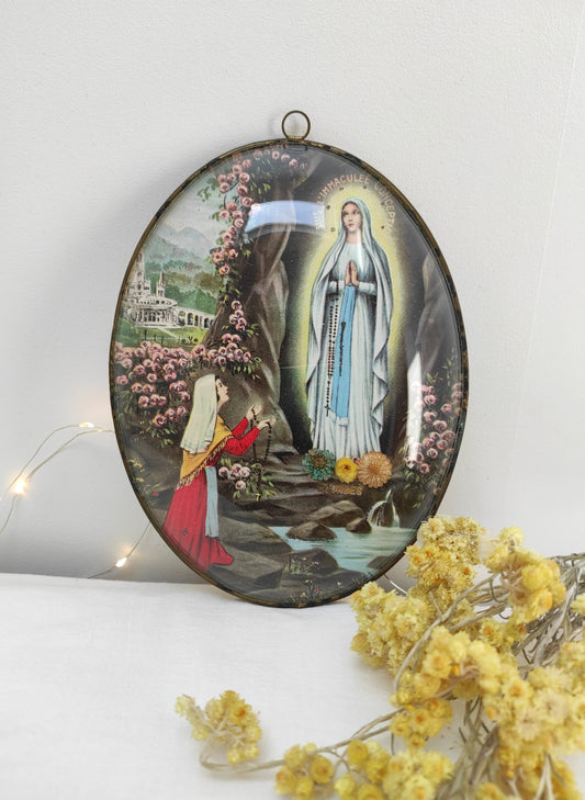 Ancien cadre religieux Lourdes, Marie, L'Immaculée Conception, kitsch, vintage
